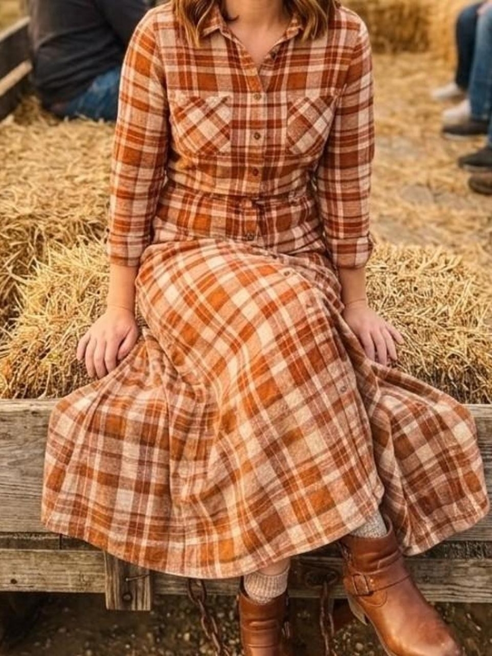 Sandra Darren Rust and Cream Plaid Button-Front Maxi Dress